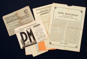 cca 1943-1950 WMTK, a Weiss Manfréd Vállalatok Testedző Köre Közleményeinek 1943. augusztus 6-i száma + a Pesti Műsor V. évf. 21. száma (1949. május 20-26.) + 8 db '40-es évekbeli magyar játékfilm és német propagandafilm (Vera Nikolskaja, Sarajevo, Stukák, Búvárhajók nyugatra, A keleti csata, A nyugati győzelem, stb.) egy-egy oldalas ismertetője