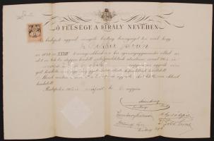 1902 Bp., Őfelsége a király nevében kiadott, az ügyvédi tevékenység gyakorlására jogosító oklevél 2K okmánybélyeggel és szárazpecséttel