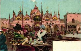 Venezia, Venice; In Piazza, café; litho art postcard s: R. Tafuri