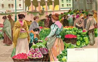 Venezia, Venice; Erbaria / market place; litho art postcard s: R. Tafuri