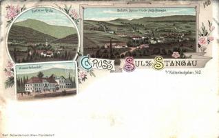 1898 Sulz im Wienerwald (Sulz-Stangau); Kirche, Wasserheilanstalt / church, Hydrotherapy spa, floral Art Nouveau litho (fa)