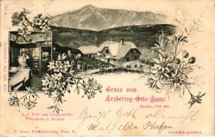 1898 Rax, Raxalpe; Erzherzog Otto Haus, K. k. Post- und Telephonstelle G. Kronich / Post and telephone office, house, interior, floral