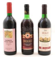 Egri Merlo 1997, félédes vörösbor, Soproni Pinot Noir 1995 száraz vörösbor, Zweigelt félszáraz asztali vörösbor