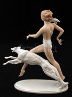 Wallendorf lány agárral, kézzel festett, jelzett, hibátlan, m:27, h:23 cm/ Wallendorf girl with dog,...