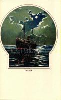 Adria, steamship, night; Bruchsteiner és fia litho