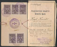 1924 Palánka, Kétnyelvű borbélysegéd részére kiállított munkakönyv sok bejegyzéssel és okmánybélyegg...