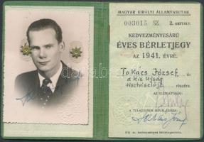 1941 A Magyar Királyi Államvasutak 2. osztályára kiállított kedvezményes árú éves bérletjegy fénykép...