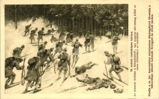 Az oroszok kiűzése a Kárpátokból, egy magyar ski-osztag kiűzi az orosz előőrsöket az erdőkből, 18. számú csataképes kártya / Hungarian ski-soldiers, and Russian soldiers, battle in Carpathians