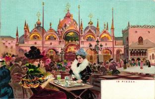 Venice, Venezia; In Piazza / square, cafe terracce, ladies, De Paoli & Fiecchi litho s: R. Tafuri