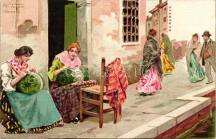 Venice, Venezia; Buranele / street, ladies folklore, De Paoli & Fiecchi litho s: R. Tafuri