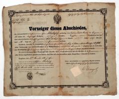 1861 Buda, Német nyelvű katonai elbocsátó levél szárazpecséttel, hátoldalán személyleírással /
1861 ...