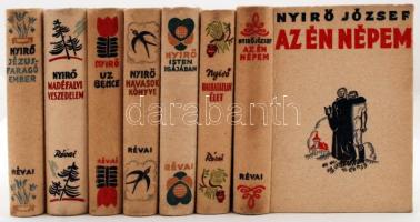 7 darabos könyvtétel, Nyirő József könyvei: Az én népem (1935), Halhatatlan élet (1941), Havasok könyve (1936), Isten igájában (1936), Jézusfaragó ember (1937), Madéfalvi veszedelem (1939), Uz Bence (1936),Bp., Révai kiadása. Kiadói halinakötésben, jó állapotban.