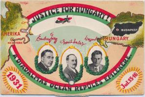 1931 'Justice for Hungary!' A diadalmas óceán repülés emlékére; Magyar Sándor, Endrész György, Szalay Emil; sérült mechanikus lap / Hungarian pilots, memorial card for their flight across the ocean, aeroplane, damaged mechanical card