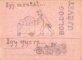 Így mentél, így gyere; Újév / New Year, Humorous military greeting, hand-drawn automobile (EB)