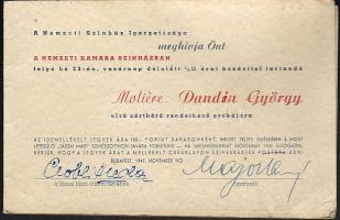 1947 NEmzeti Színház meghívój azártkörű próbára Gobbi Hilda és Major Tamás aláírásával