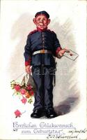 Geburtstag, Primus Postkarte, Wohlgemuth & Lissner Oilette Krieg im Frieden No. 939 / German boy soldier, birthday greeting