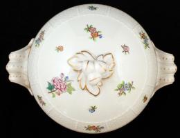 Herendi Eton mintás leveses tál, kézzel festett, jelzett, restaurált aranyozás, m:19 cm, 28×20 cm