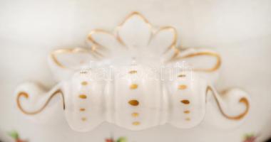 Herendi Eton mintás leveses tál, kézzel festett, jelzett, restaurált aranyozás, m:19 cm, 28×20 cm