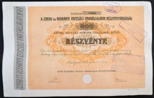 Budapest 1920. "A Zentai és Roskányi Egyesült Iparvállalatok Részvénytársaság" részvénye 2...