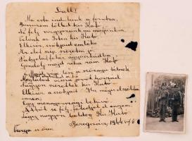 1940 Csendőr fotó, 8x6cm, vers formában írt levéllel az egyik oldalon a másikon Magyar fohász