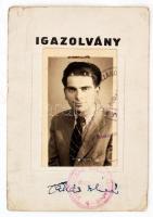 1948 Bp., A Szociáldemokrata Párt központi lapjának, a Világosság munkatársának fényképes igazolványa