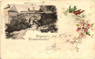 Krasznahorkaváralja, vár kapuja, Falvi Jenő kiadása / castle gate, floral, litho (b)