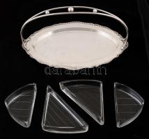 Ezüst (Ag.) art deco füles tálca, jelzett, mesterjeggyel (AG), eredeti üvegbetéttel, jó állapotban, ...