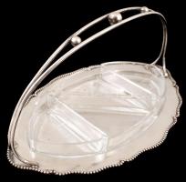 Ezüst (Ag.) art deco füles tálca, jelzett, mesterjeggyel (AG), eredeti üvegbetéttel, jó állapotban, ...