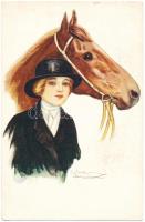 Lady jockey; Art Deco Italian postcard s: Nanni, Zsoké hölgy, Art Deco olasz képeslap s: Nanni
