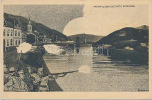 Orsova, Magyar-szerb csetepaté / battle of Serbs and Hungarians, art postcard s: Ékes