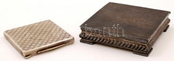 Ezüstözött fém asztali dobozka alpakka tükrös púdertartóval, összesen: 2 db, 10x10x2,5 és 7,5x7,5x1 ...