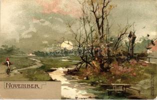 Monatsgrüsse, Serie II - Művészi, litho képeslap sorozat a 12 évszakról / months of the year; series...