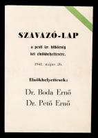 1941 Szavazó-lap a pesti izr. hitközség két elnökhelyettesére 1941. május 26. 19x13cm