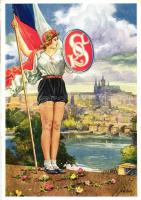 1938 Vsesokolsky slet v Praze / Sokol postcard, patriotic propaganda s: J. Soukup