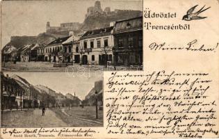 1899 Trencsén, Főtér, vár, Pechanecz-kereskedés; kiadja Szold Henrik / main square, shop