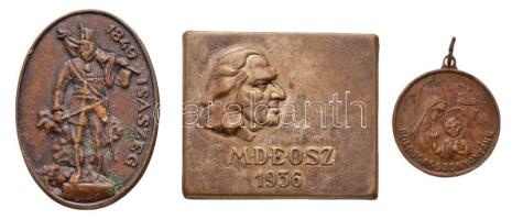 1936. "M.D.E.O.Sz. (Magyar Dalos Egyesületek Országos Szövetsége) 1936." fém jelvény (36x31mm) + 1938. "Boldogasszony Anyánk / Ne felejtkezzék meg szegény magyarokról - 1938" Br érem füllel (20mm) + DN "1849 Isaszeg" Br jelvény (37x26mm) T:2,2-