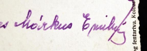 1941 Márkus Emília (1860-1949) színésznő aláírása és üdvözlő sorai képeslapon