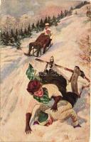 Sledging, skiing, Raphael Tuck & Sons, No. 821. Oilette (EB)