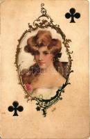 Playing card, lady, silk card, Emb. (fa)