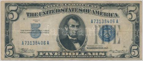 Amerikai Egyesült Államok 1934. 5$ "Abraham Lincoln" kék pecséttel T:III USA 1934. 5 Dollars "Abraham Lincoln" with blue seal C:F