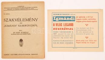 1921 Bp., Az Igmándi Keserűvízről Papp Károly által írt szakvéleménye és a keserűvíz reklámos szórólapja