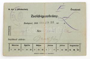 1916 Bp., A M. kir. 1. pótzászlóalj által kiállított zsoldigazolvány