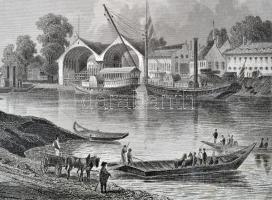 cca 1850 Ó-Budai hajógyár. Schiffswerfte zu Alt Ofen. Ludwig Rohbock (1820-1883) rajza alapján metsz...