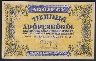 1946. 10.000.000Adópengő vízjeles papíron, "amelyeknek" a rendeletszövegben, fordított címer! T:II R!