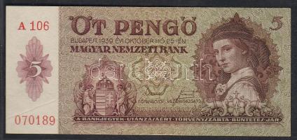 1939. 5P erős papírráncokkal T:I
