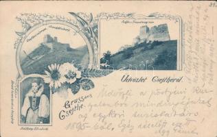 1898 Csejte, Temetvény vár, Csejthei várrom, Báthory Erzsébet; kiadja Brück Samu / castles ruins, Báthory, floral Art Nouveau (EB)