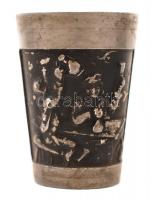 Vidám jelenetekkel díszített ón felespohár-készlet, 6 db, d: 3,5 cm, m: 5 cm