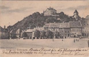 Segesvár, Fő tér, Evangélikus gimnázium, F. Lingner üzlete, sörcsarnok / main square, grammar school...