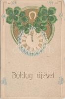 New Year, clock, clovers, horse shoe, golden decoration, Art Nouveau Emb. litho