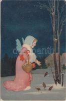 Angel feeding birds, night, golden decoration, S.O. No. 230. litho